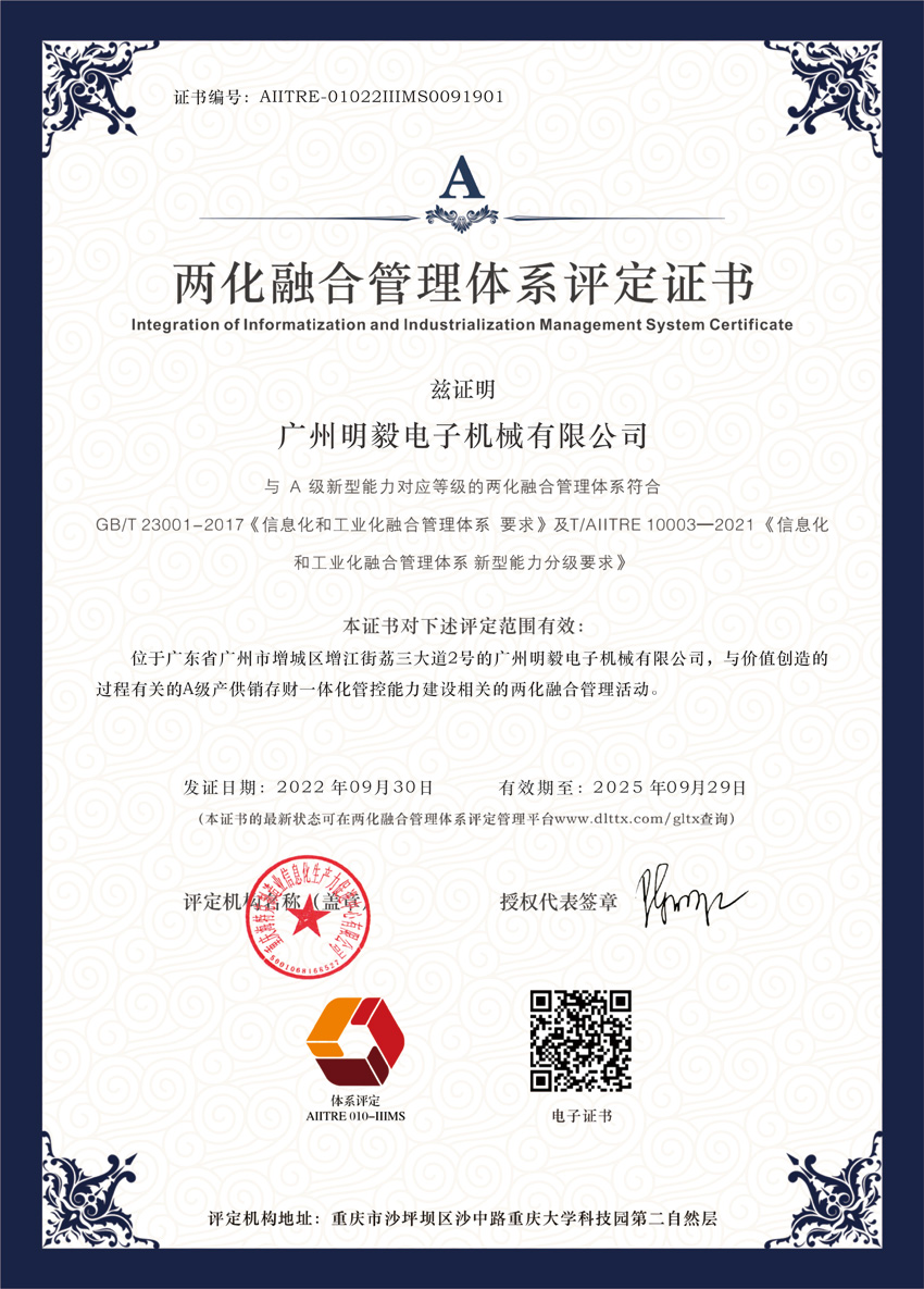 两化融合管理体系评定证书